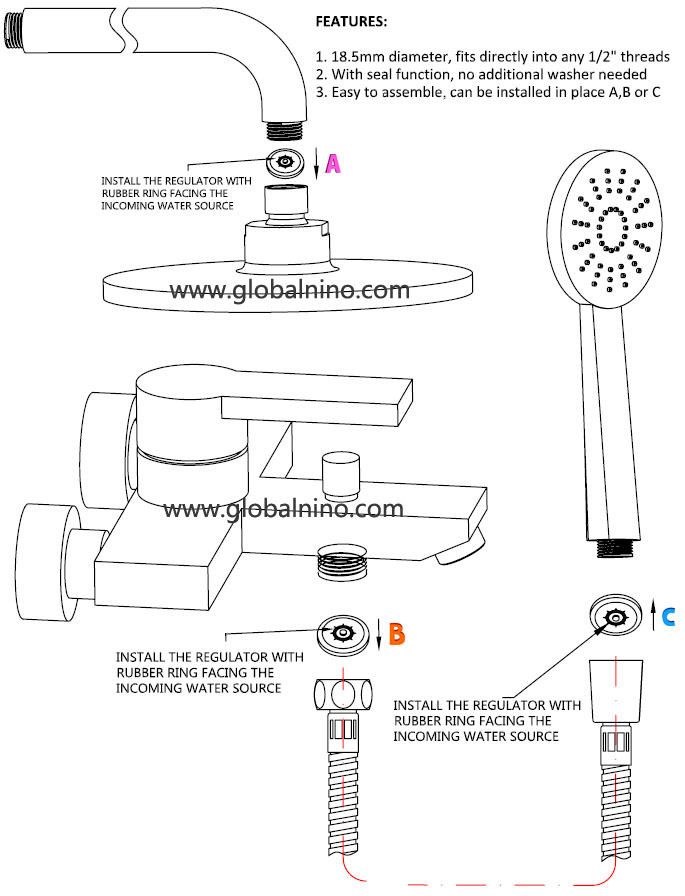 H3A Shower flow washer regulator install instruction